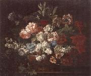 unknow artist Still life of various flowers,in a wicker basket,upon a stone ledge painting